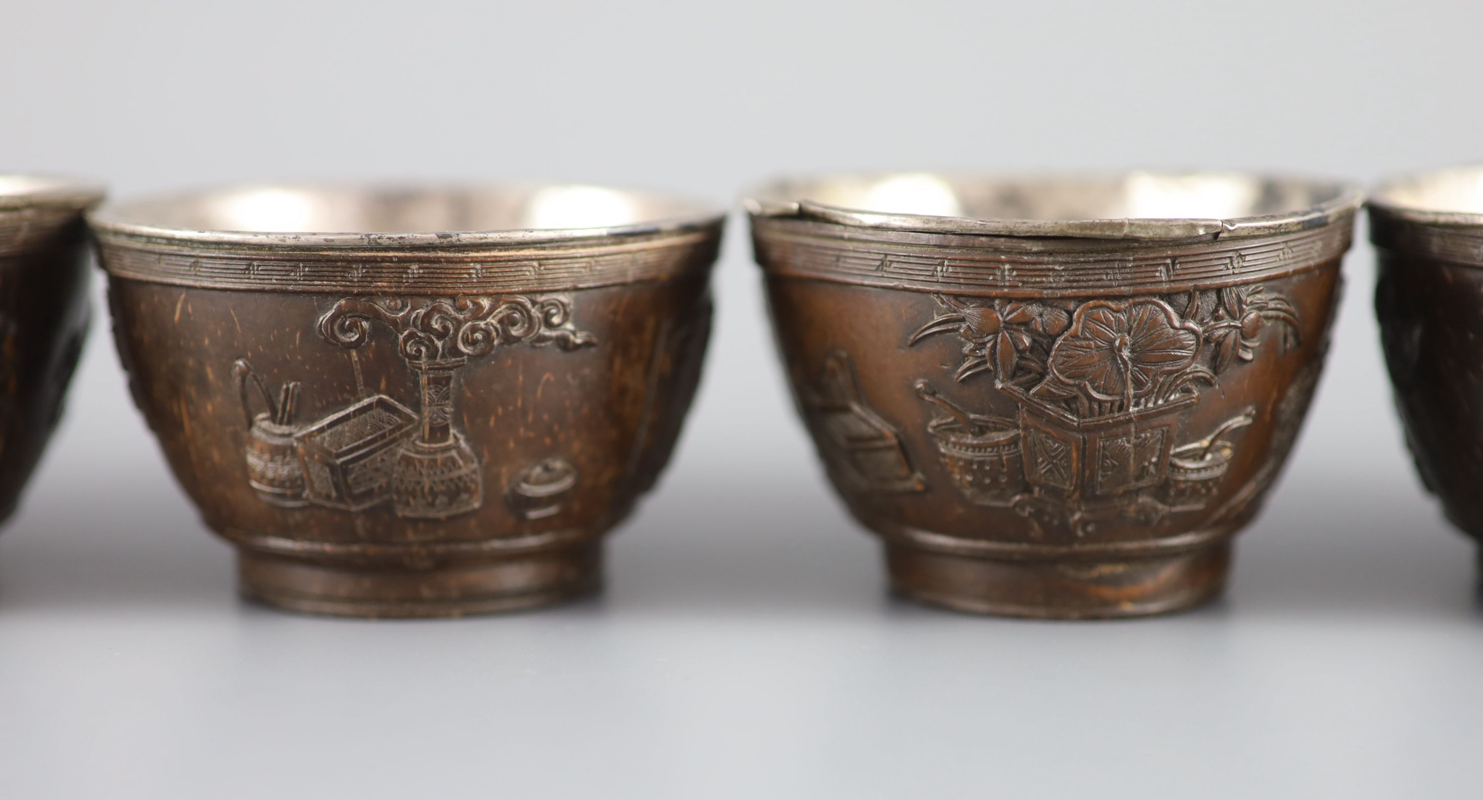 A set of six Chinese coconut cups, 18th/19th century, 8.3 cm diameter